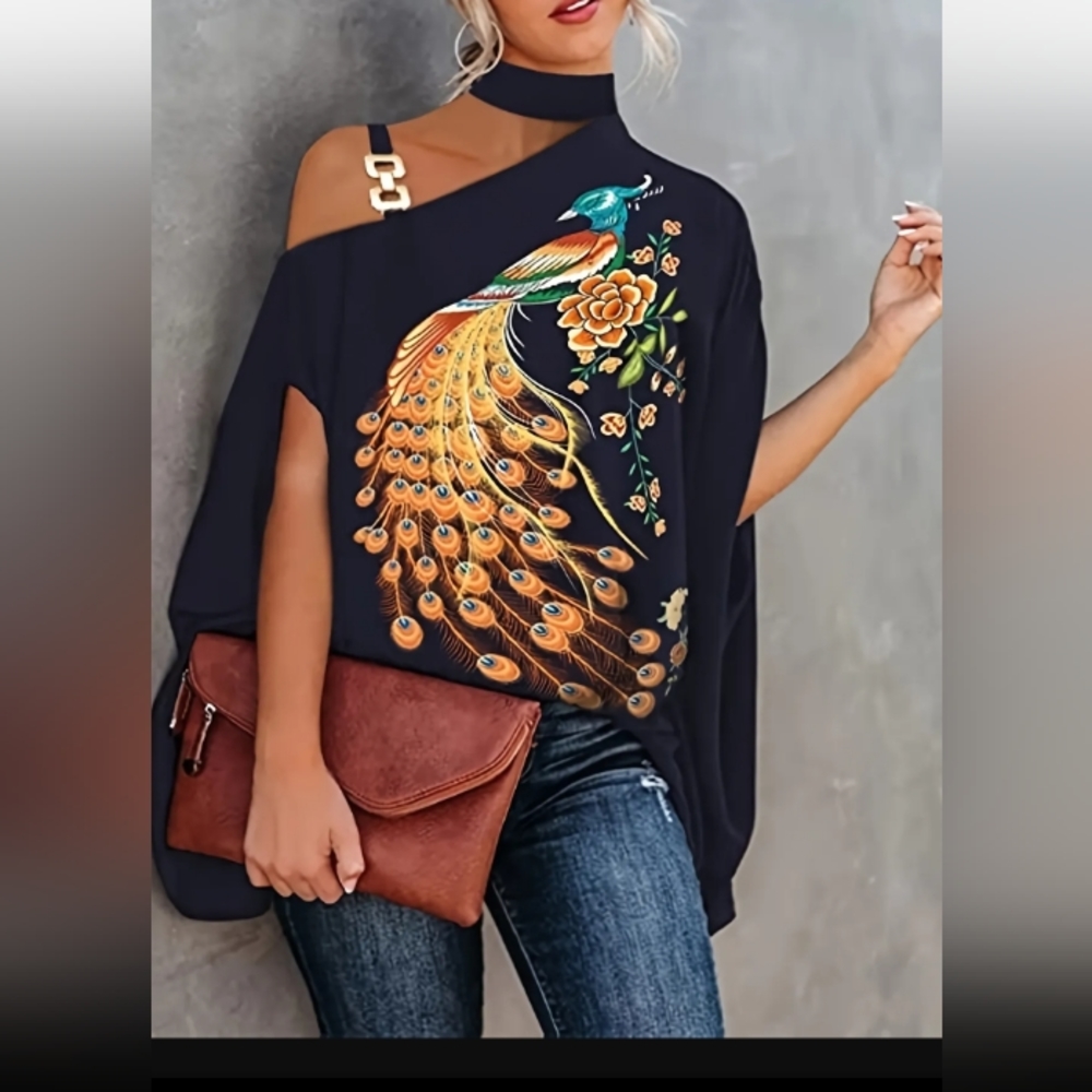 Nwot Peacock Blue Blouse Halter Batwing Sleeve Sz Large